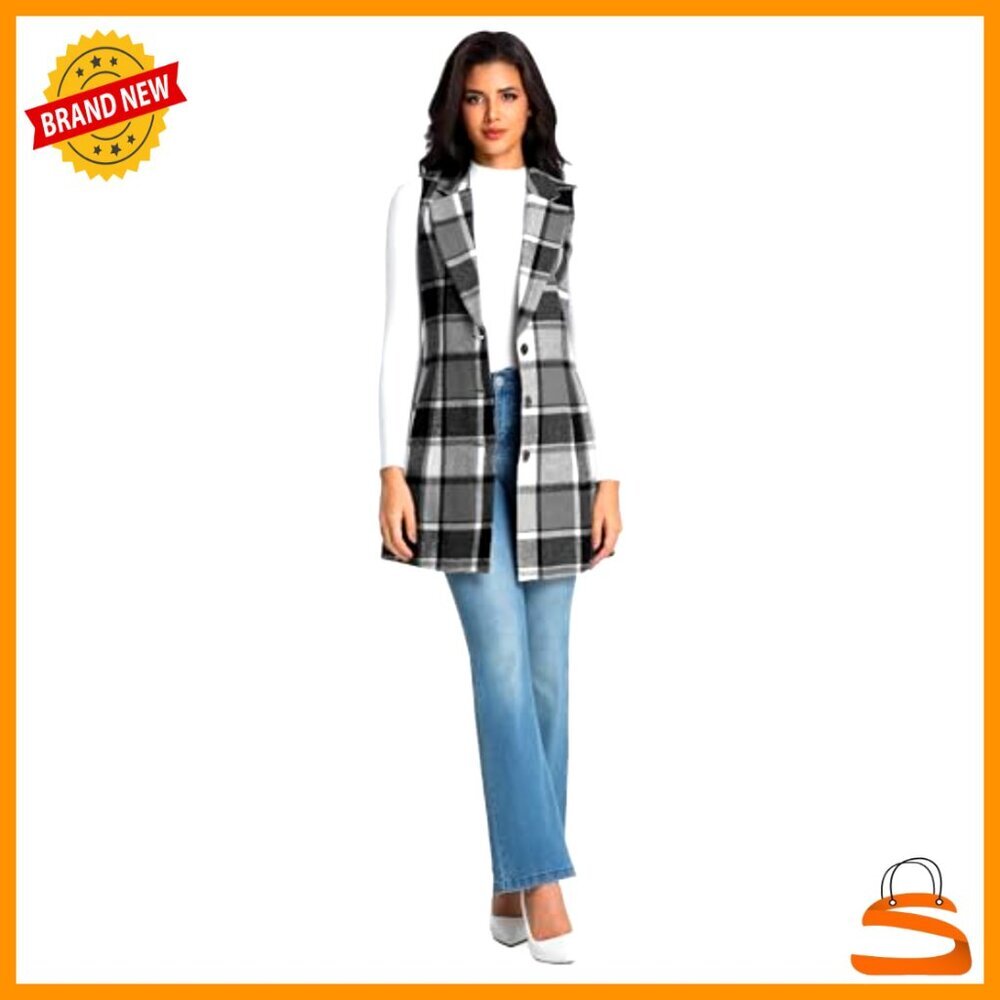Long Wool Plaid Vest Sleeveless Blazer Classic Tweed Fall Winter Chic - Picture 5 of 5